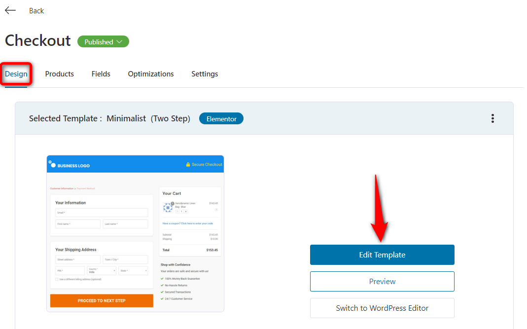 Click on Edit Template to customize your WooCommerce checkout with Elementor