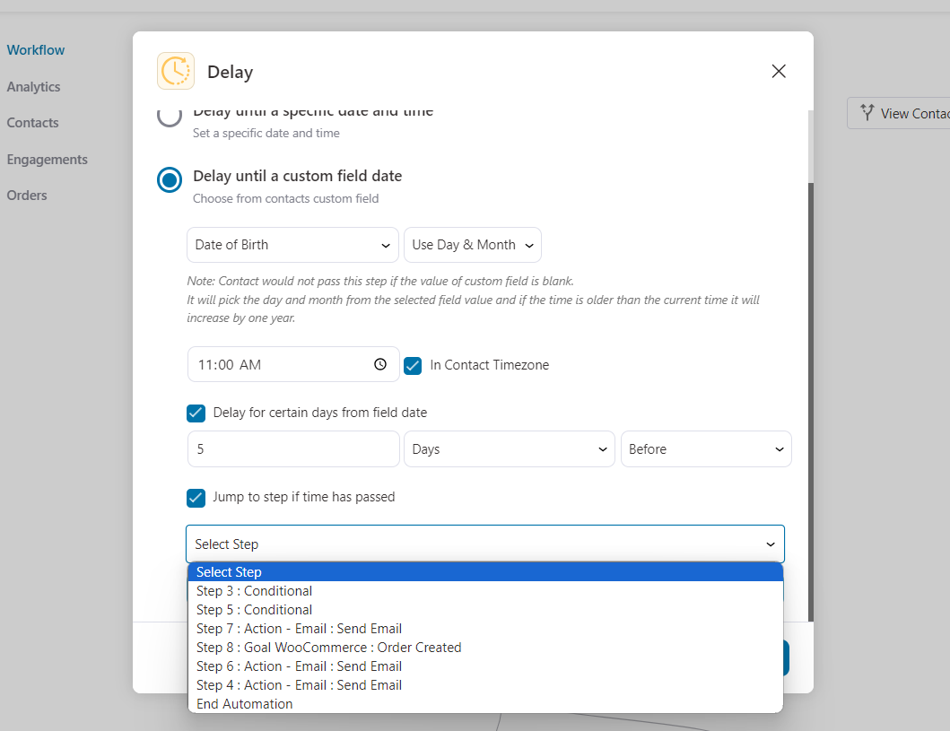 Delay until a custom field date - jump to a step if this time has passed