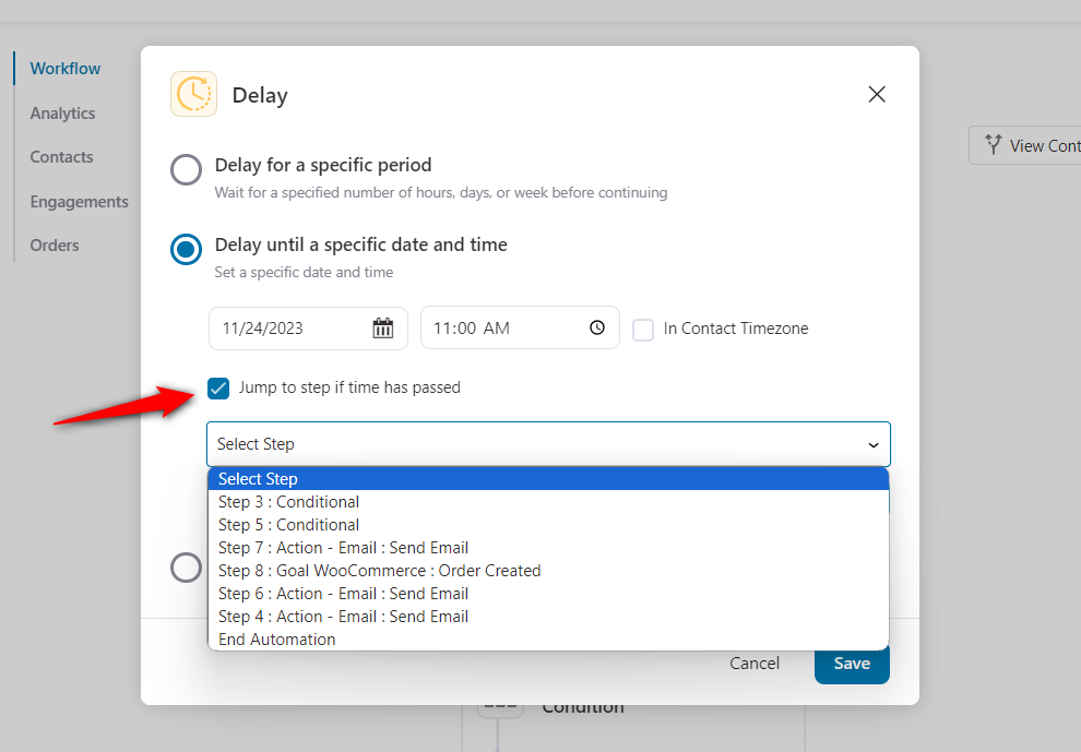 Delay until a specific date and time - jump to a step if this time has passed