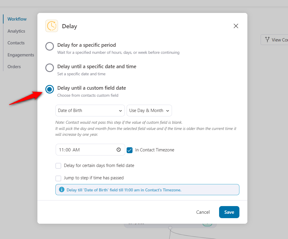 Delay until a custom field date