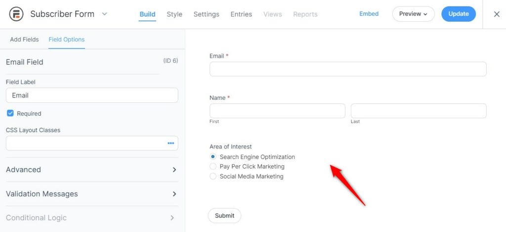 Create a form in Formidable Forms using the draggable and droppable elements