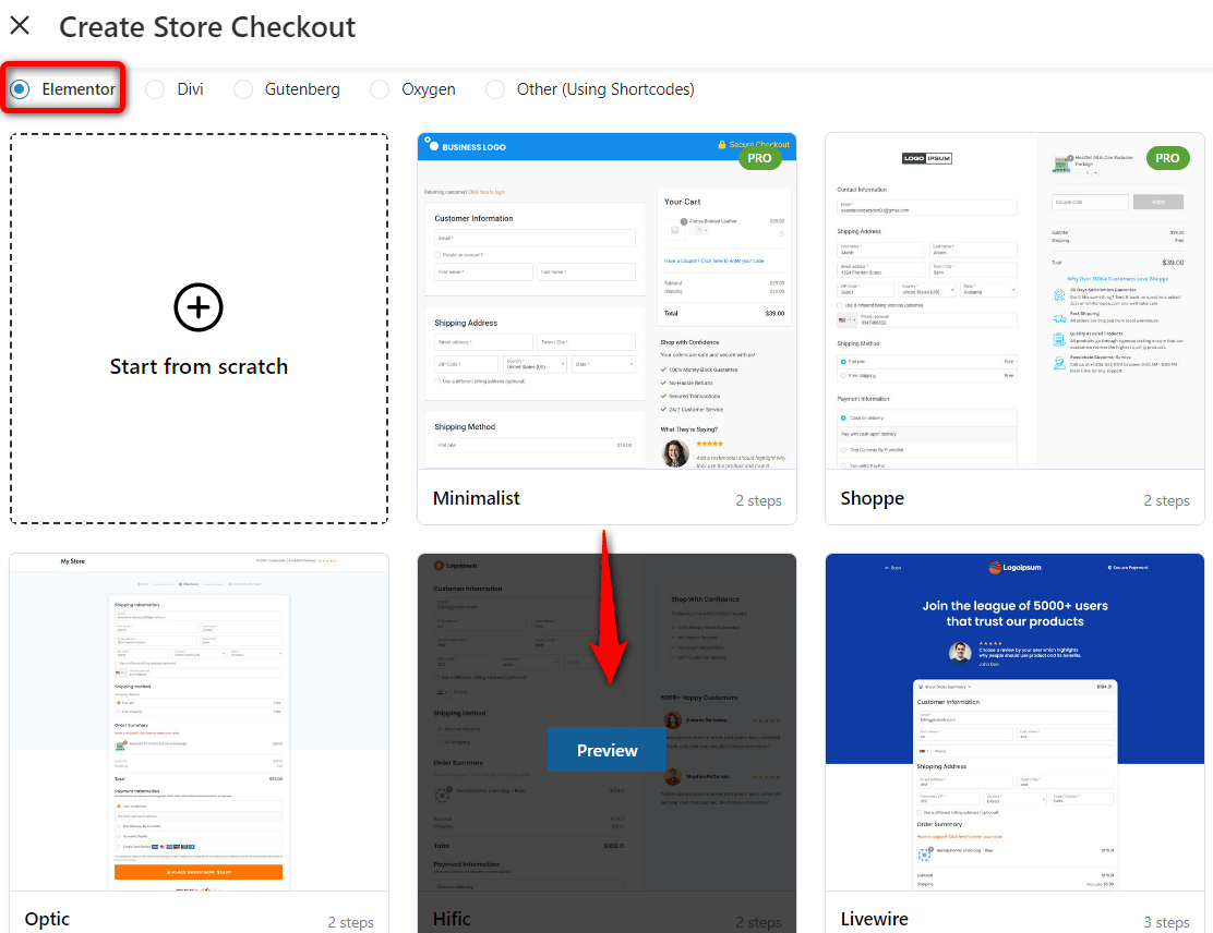 Store checkout templates available in FunnelKit