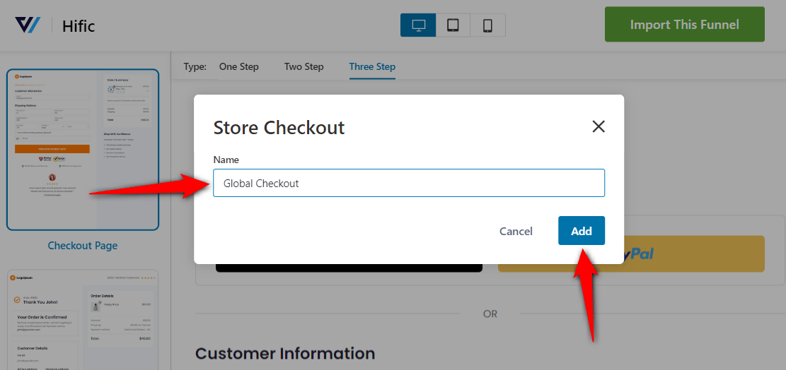 Name your global checkout and click on the Add button