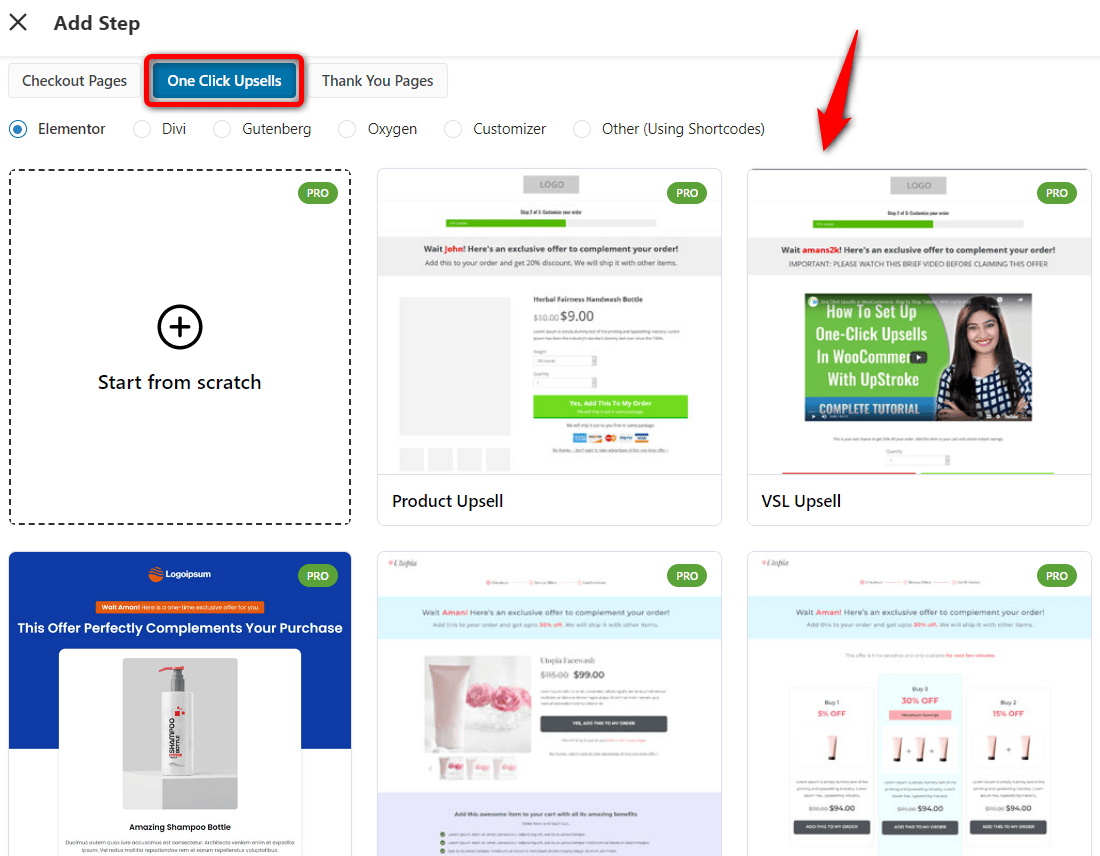 One-click upsell templates available in FunnelKit