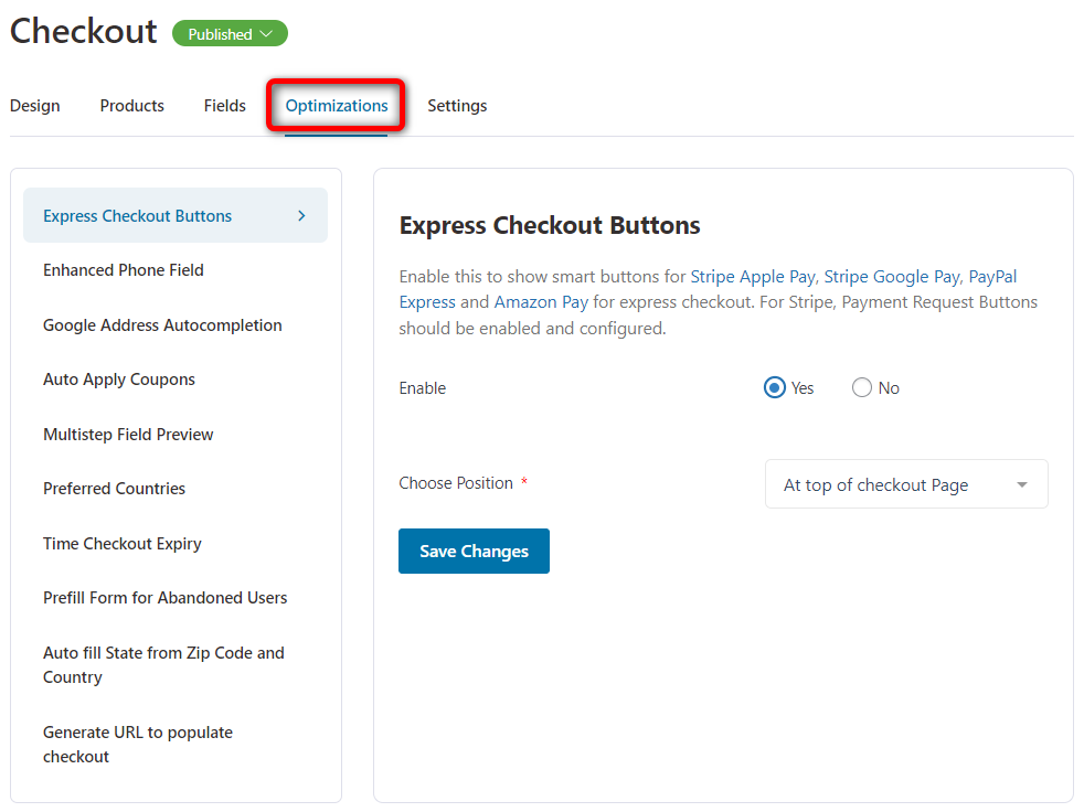 Optimize your WooCommerce checkout page from the Optimizations tab within FunnelKit Checkout