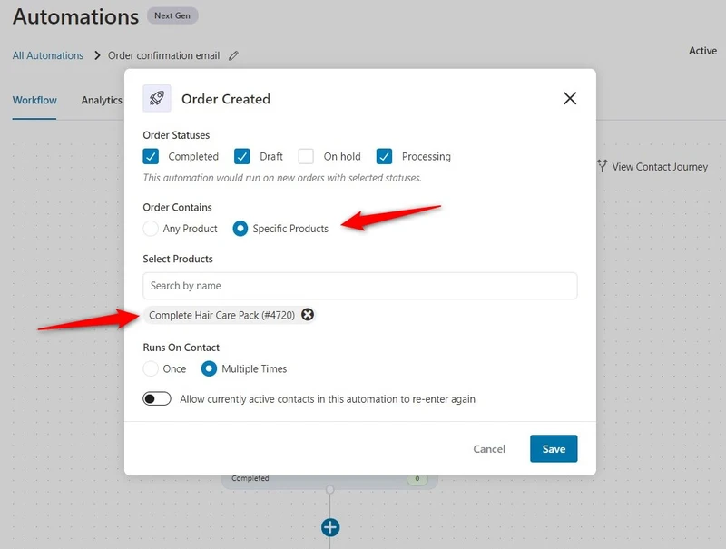 Assign specific products to trigger the order automation