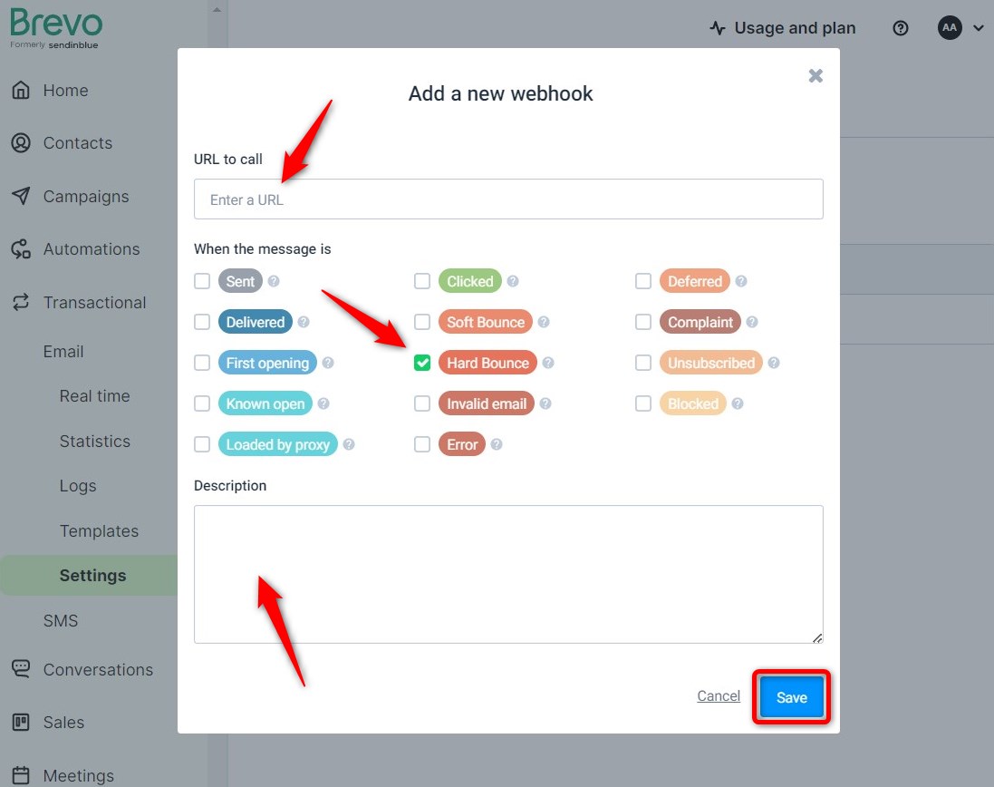 Select Hard Bounce and enter the bounce handling webhook URL