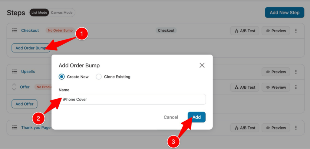 create order bump step to offer order bump as Woo upsells