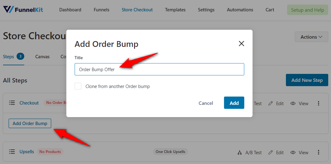 Click on 'Add order bump' button and name your woocommerce checkout add-on