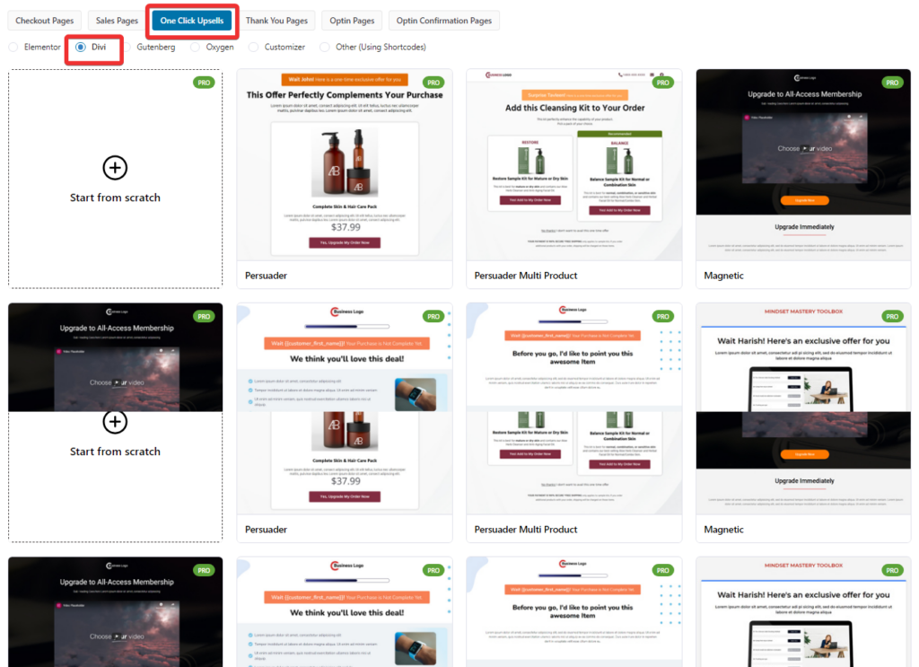 one click upsell templates divi