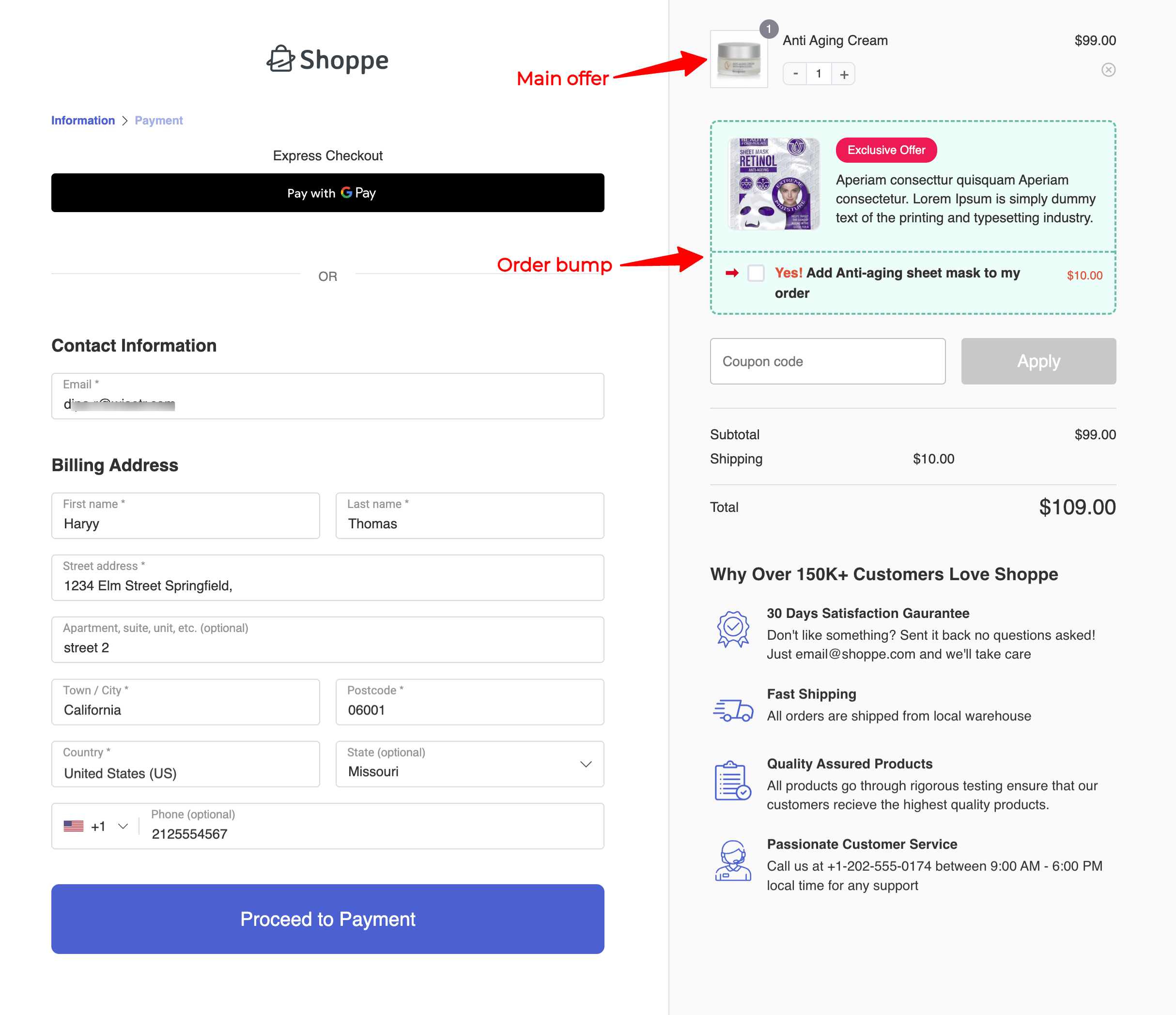  an original order and an order bump look on the checkout page: