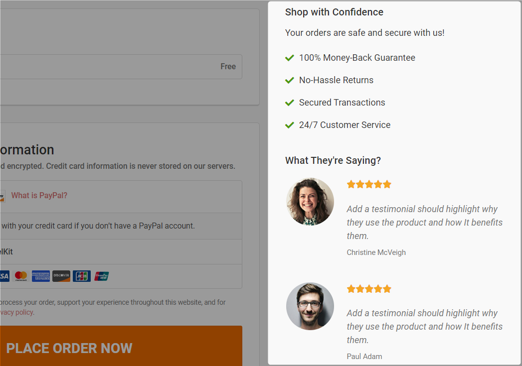 Add testimonials and benefits section on the WooCommerce Shopify checkout