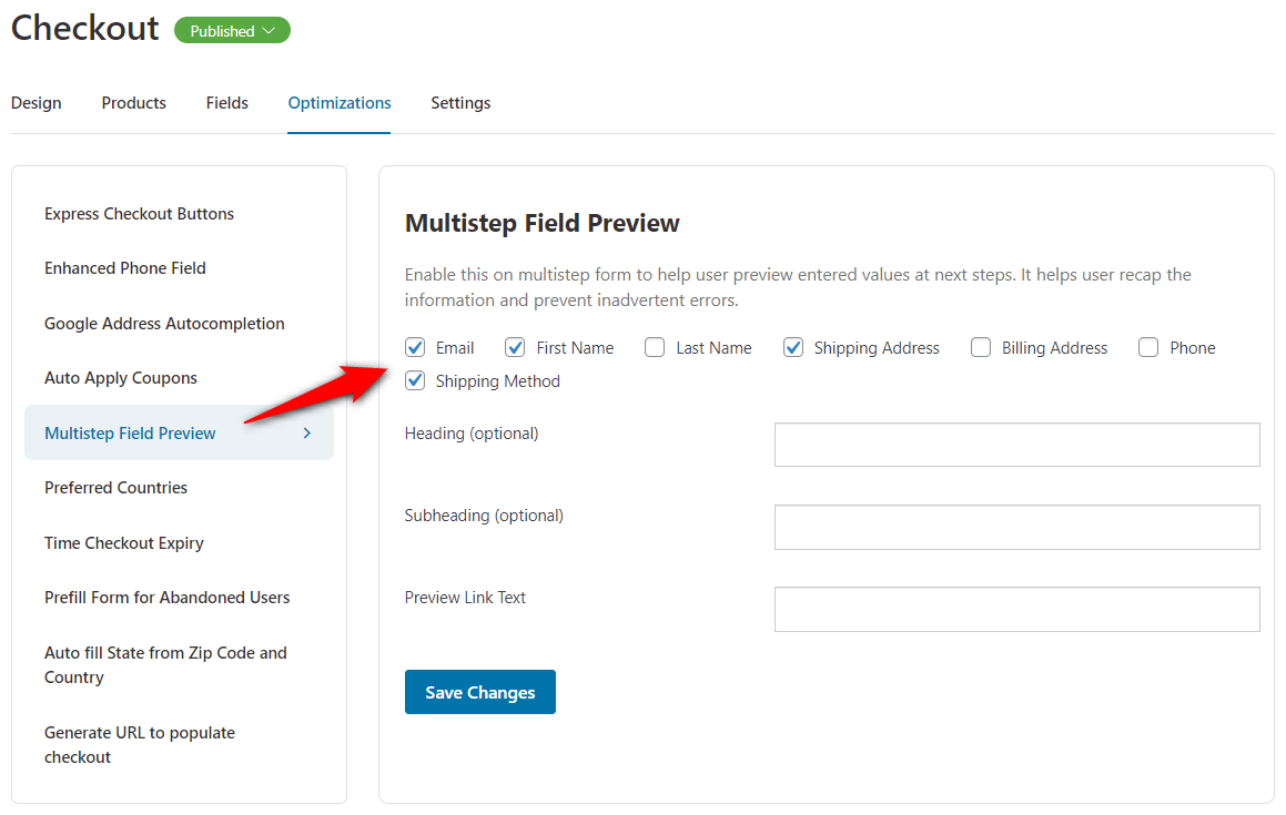 Activate multistep field preview from the Optimizations tab in FunnelKit