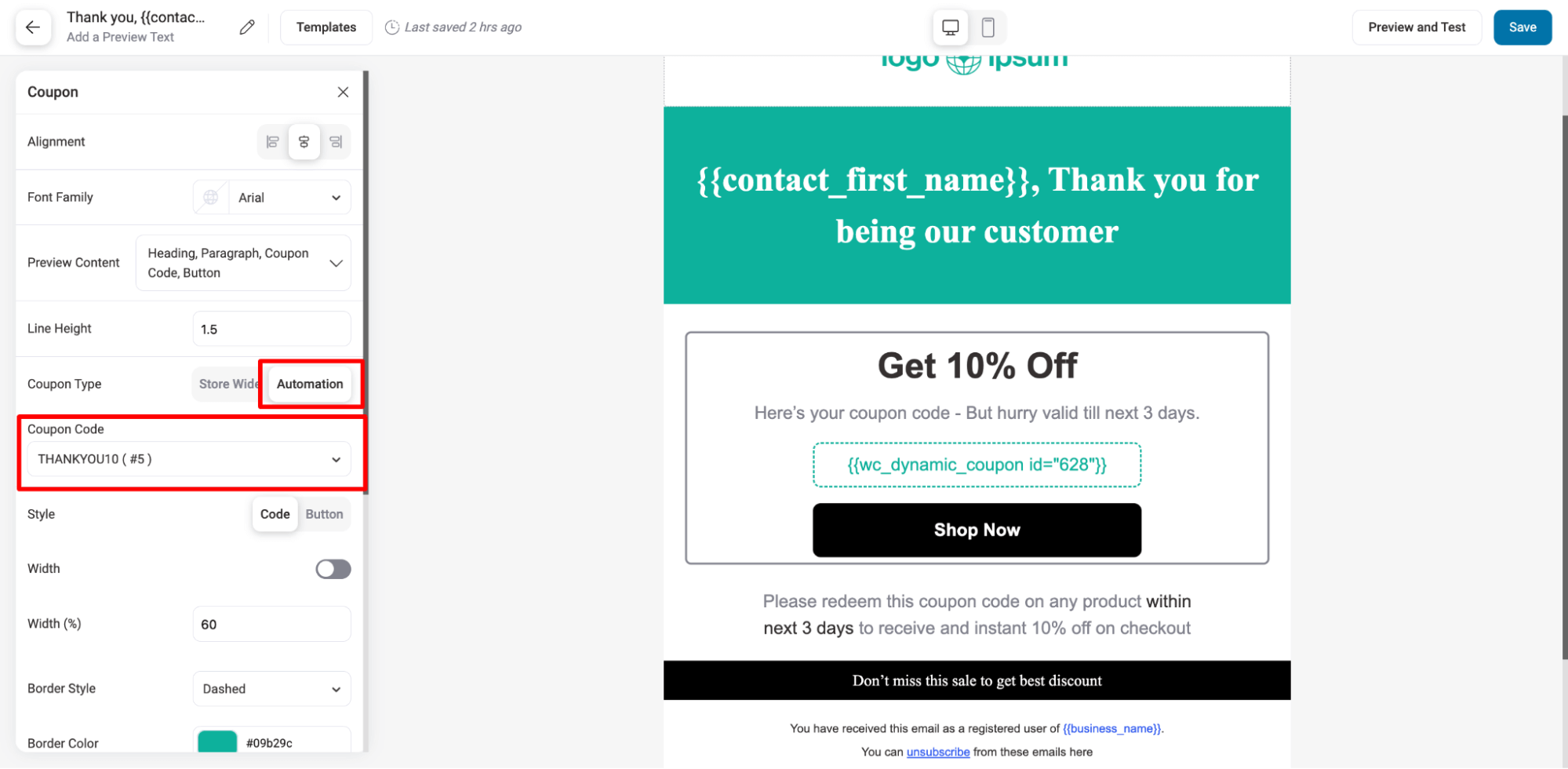 add automation coupon to coupon block in email