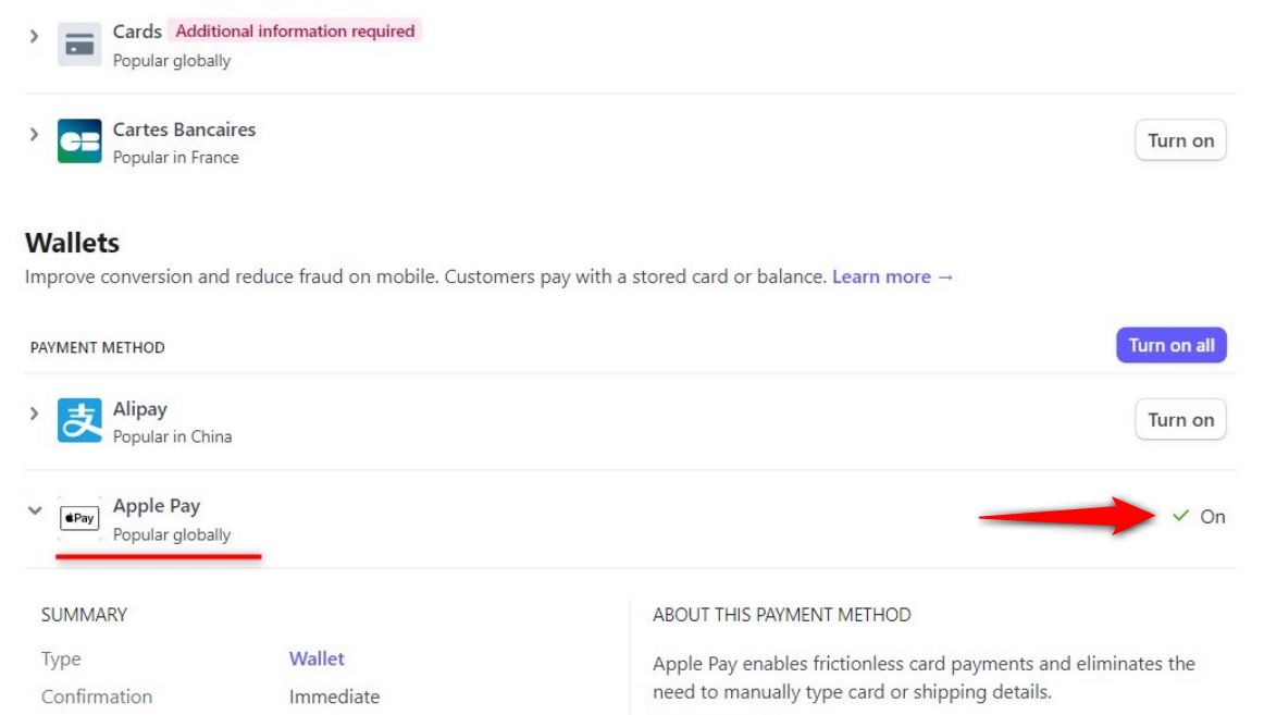 Make sure Apple Pay is enabled in your Stripe account