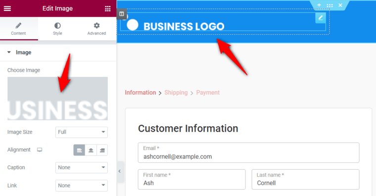 Customize woocommerce checkout page - Click on the logo and upload your business logo from your computer