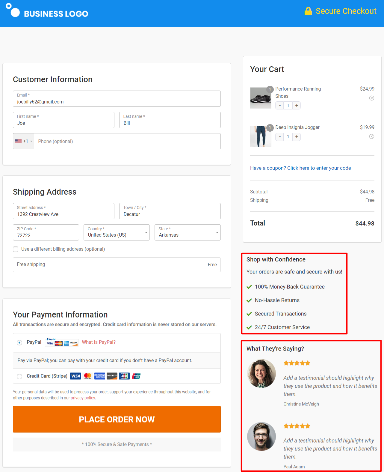 Credibility markers - assurance and user testimonials: WooCommerce checkout optimization