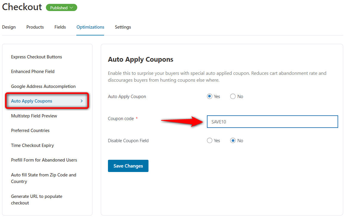 Configure the coupon code to be auto-applied on the checkout page