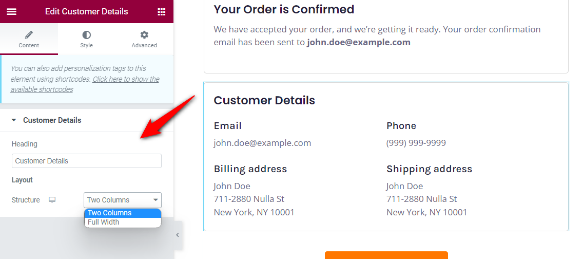 Configure the customer details - thank you page widget