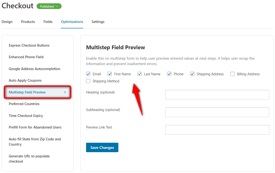 Enable the fields you want to be displayed on the multi-step field preview 