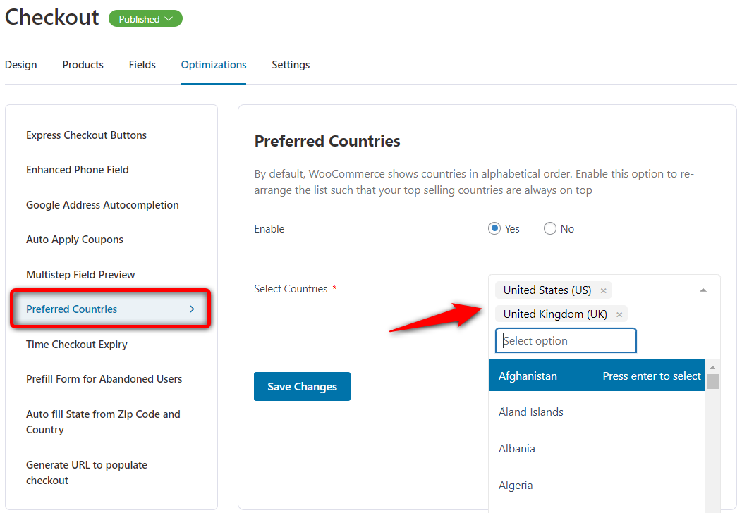 Specify the countries you want to set as your preferred country list