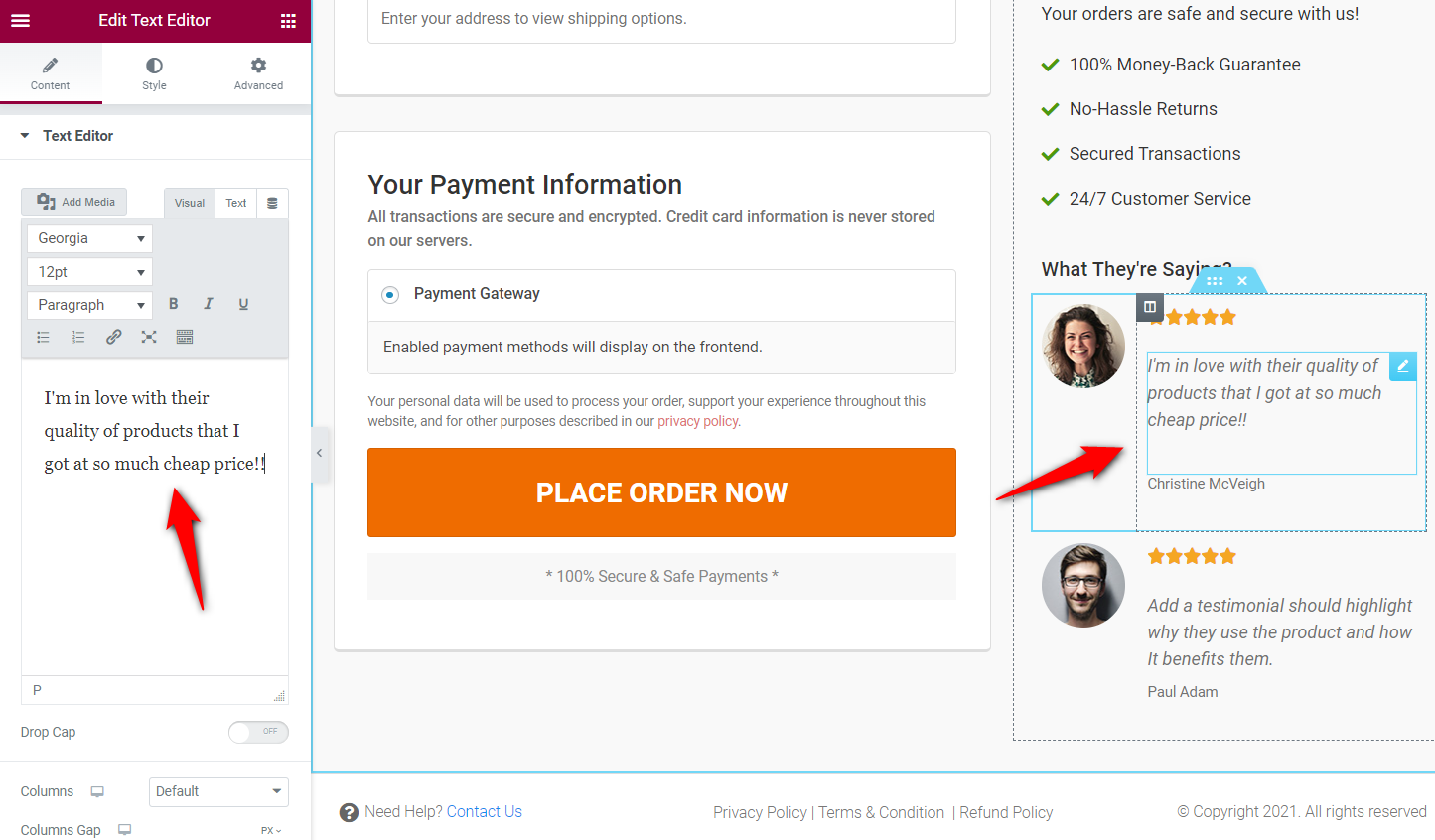 Customize the credibility markers including the benefit and testimonial section on the WooCommerce checkout page