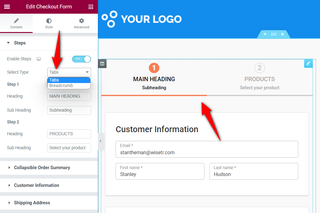 Enable the steps on your woocommerce checkout and choose tabs as the step type