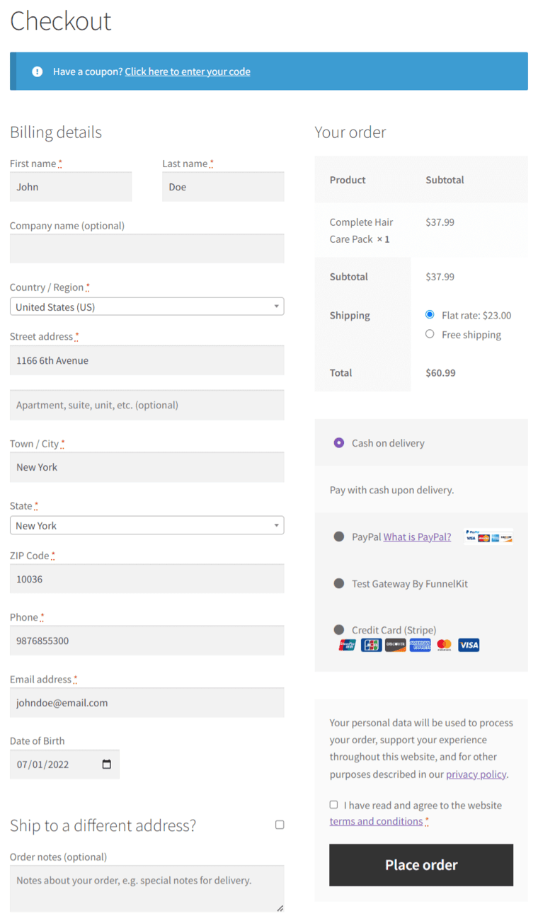 Default WooCommerce checkout page preview