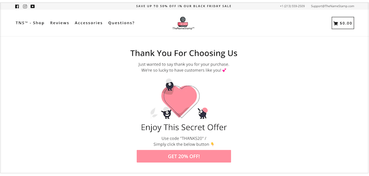 WooCommerce thank you page example of offering discount coupons
