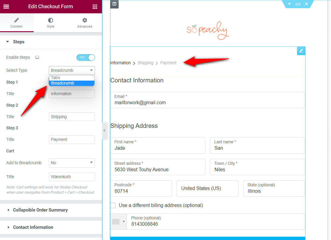 Enable the step type as breadcrumb or tabs on the woocommerce checkout page