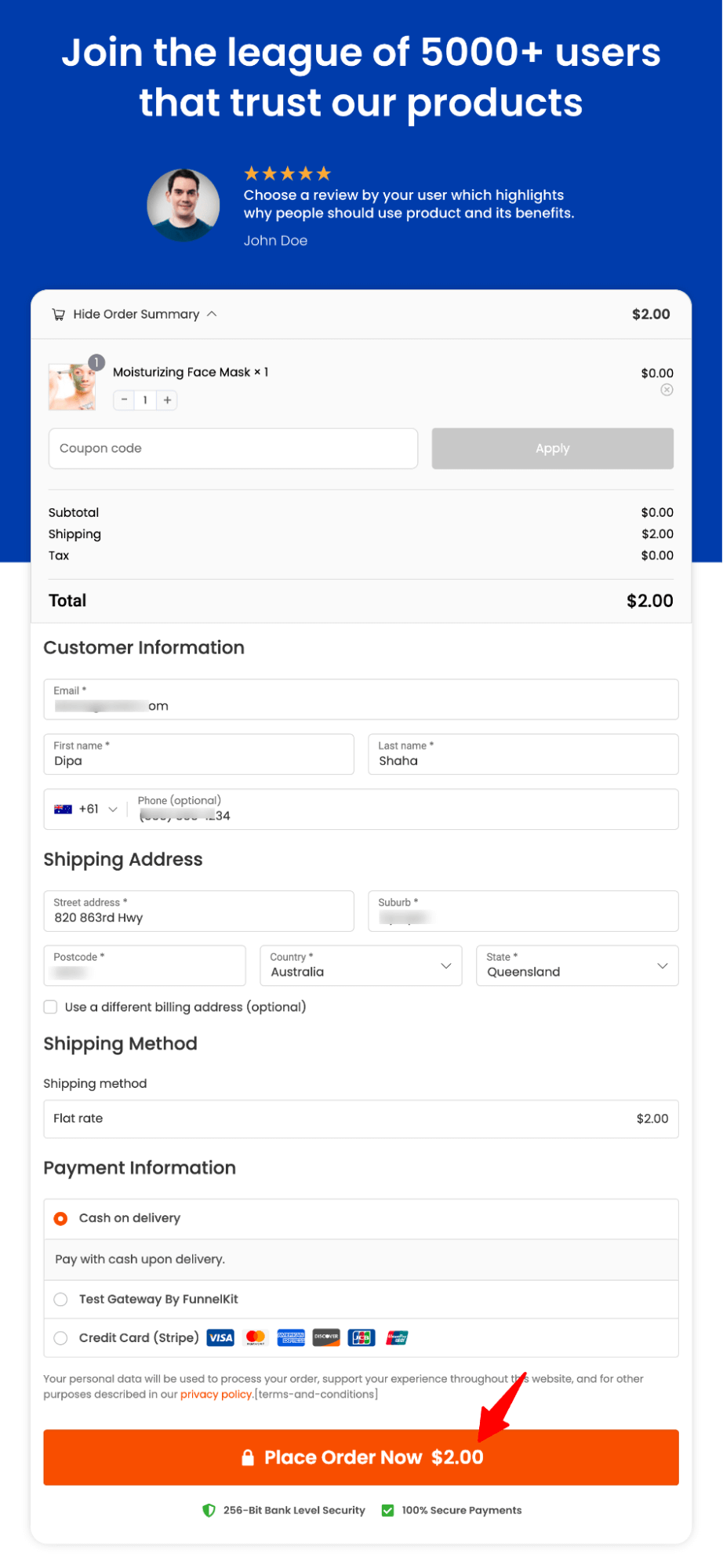 free plus shipping checkout page preview