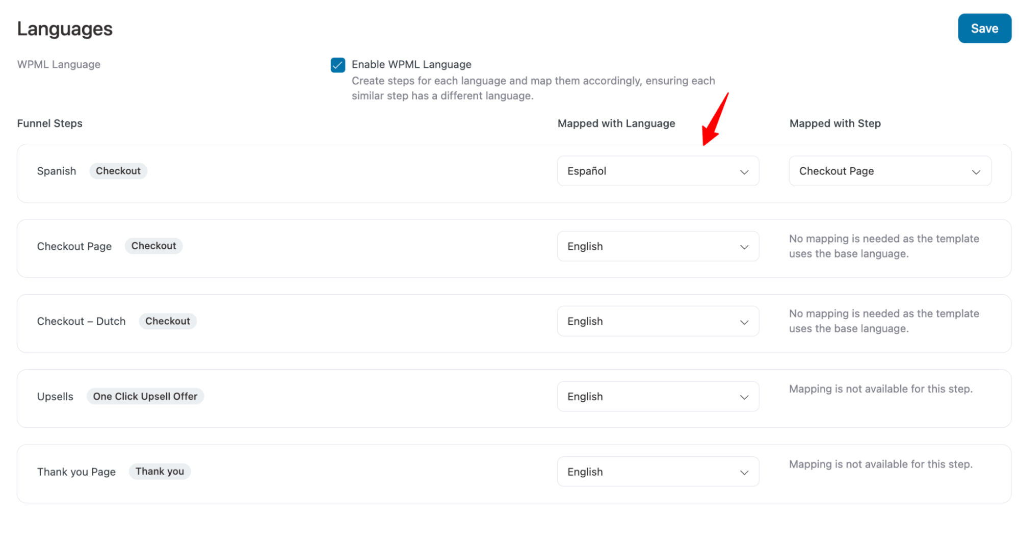 Map the languages for different pages