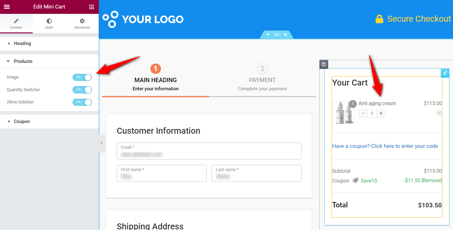 Enable product image, quantity switcher and allow deletion on the mini cart of your WooCommerce Elementor checkout page
