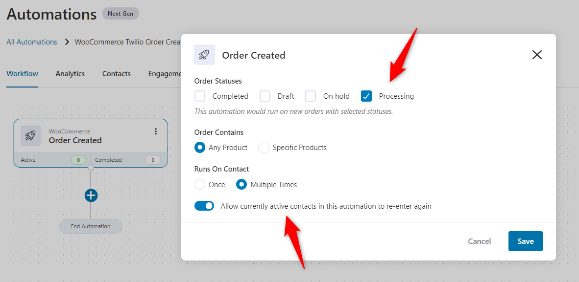Configure the order created event node by clicking on the trigger - WooCommerce Twilio integration