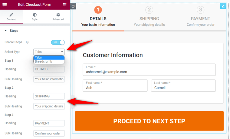 Customize woocommerce checkout page - Enable steps and select step type along with edit the headings and subheadings of each step.