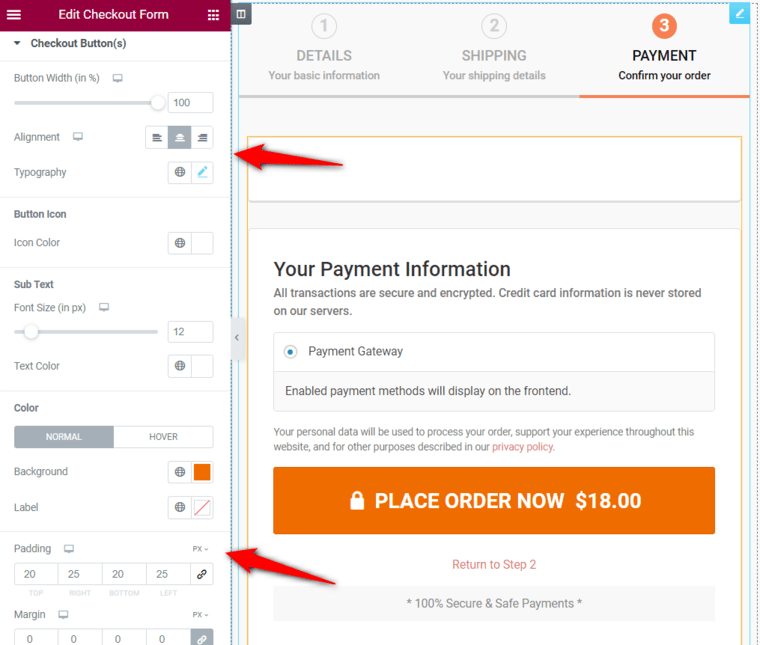 Customize woocommerce checkout page - configure checkout button width, alignment, typography, icon color, font size, background color, etc.