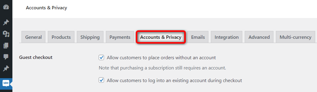 Allow guest checkout from WooCommerce settings to Accounts & Privacy - WooCommerce Checkout Optimization