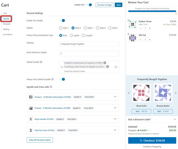 WooCommerce side cart upsell product recommendations