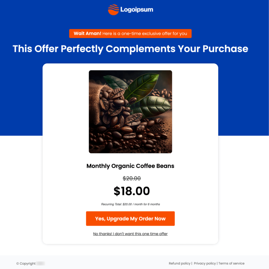 woocommerce subscription upsell offer monthly organic coffee beans preview