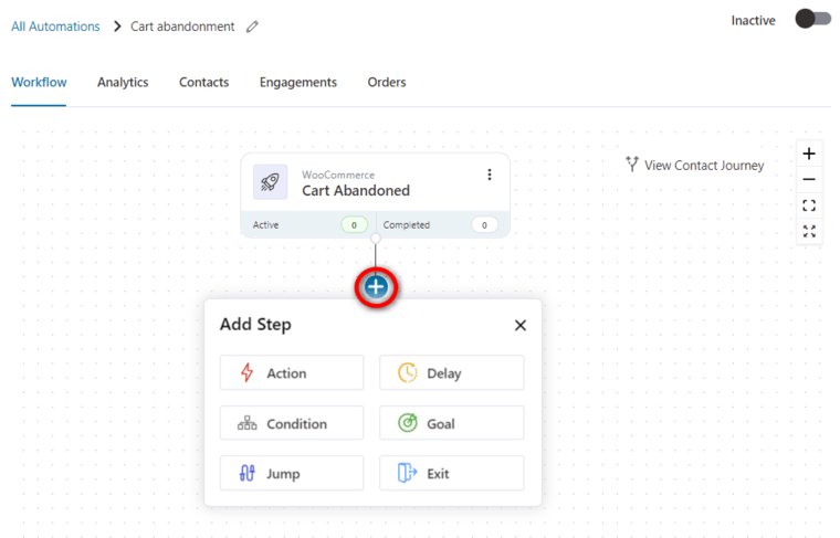 Add step - action, delay, condition, goal, jump or exit step after the event