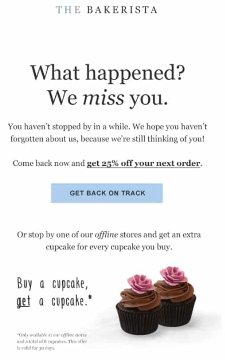 incentive winback email from the bakerista