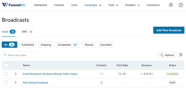 Email and SMS broadcasts created in FunnelKit Automations