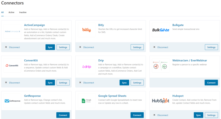 Connectors section in FunnelKit Automations to integrate with other plugins, CRMs and third-party applications