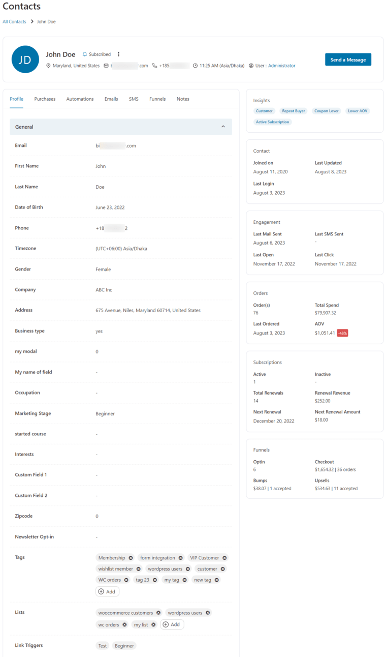 Detailed contact profiles in FunnelKit Automations CRM