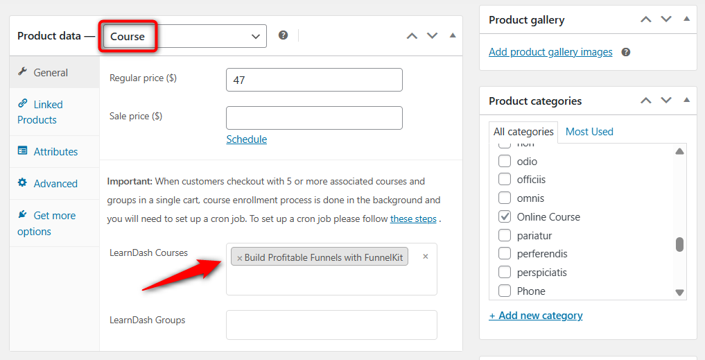 Specify the price and link to your LearnDash WooCommerce course