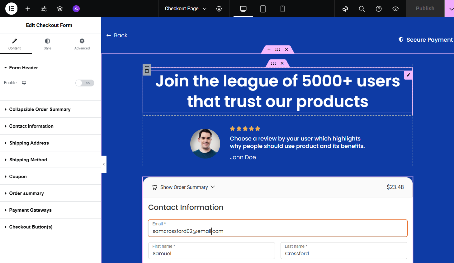 Customize your checkout page with drag and drop widgets in Elementor