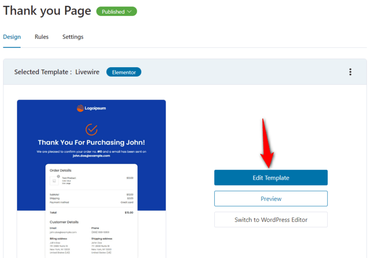 Click on Edit Template to start customizing your thank you page