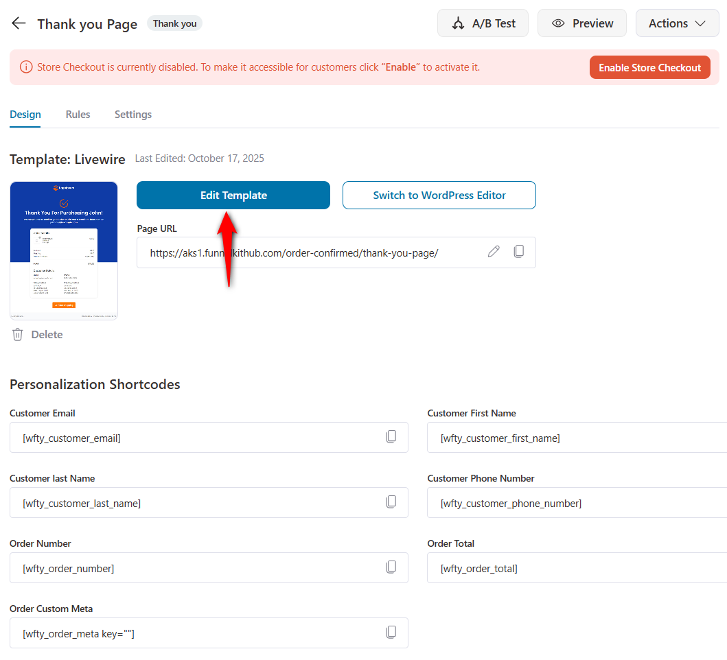 Click on Edit Template to start customizing your thank you page