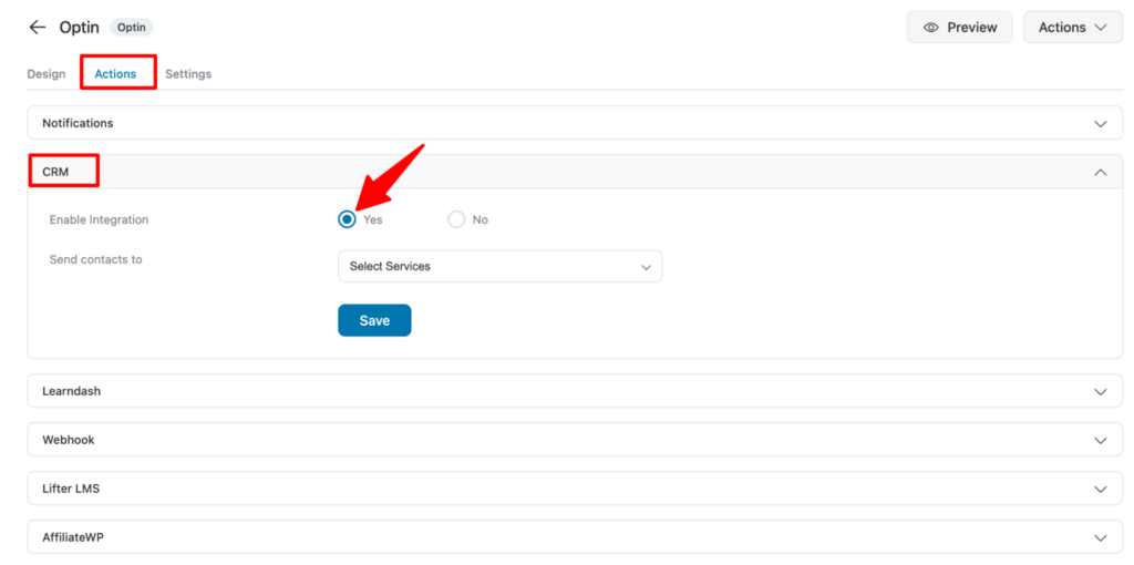 enable crm in optin funnel