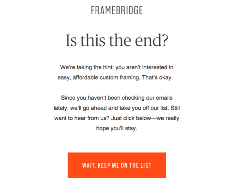 Last chance clearing out winback campaign email from Framebridge
